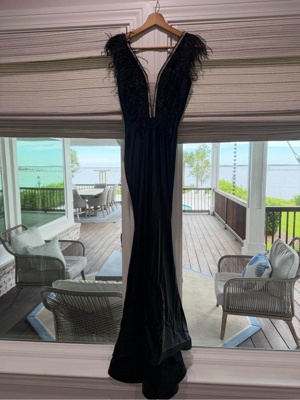 Black Feather-Trim Deep V Evening Gown